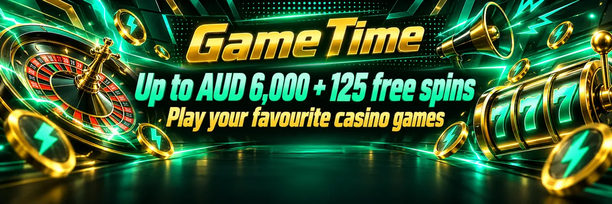 A dimensional roulette wheel, glossy slot-machine drum and floating lightning tokens suspended amid green and gold speed streaks.