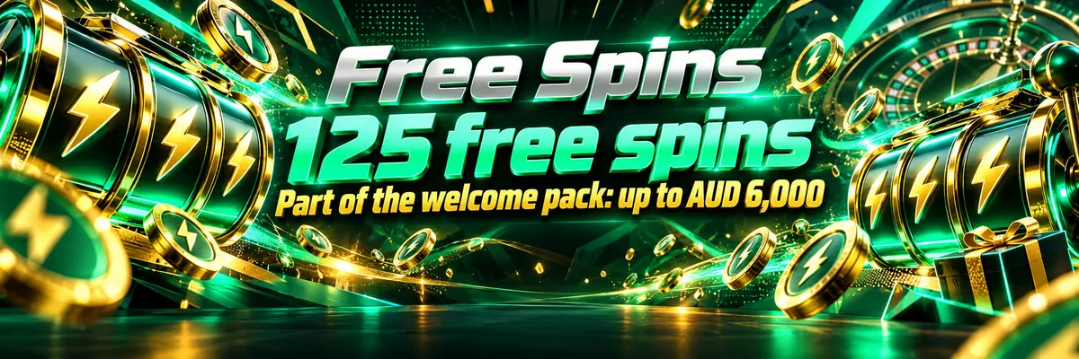 Metallic slot-machine drums and floating lightning tokens glow in a dark, vivid green and gold gaming space.
